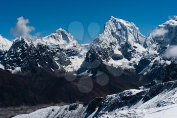 Makalu, Cholatse summits and side of Taboche viewed from Renjo Pass in Himalayas