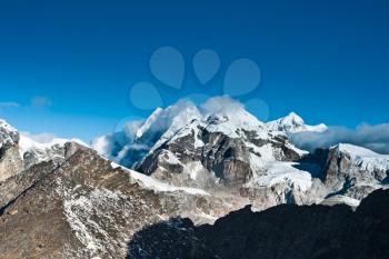 Mountain summits scene viewed from Gokyo Ri peak. Travel to Nepal