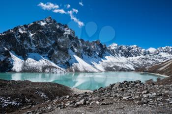 Sacred Lake and peaks near Gokyo in Himalayas. Travel to Nepal