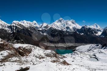 Famous peaks from Renjo Pass: Everest, Lhotse, Makalu, Nuptse. Travel to Nepal