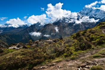 Ama Dablam and Thamserku peaks: Himalaya landscape. Pictured in Nepal 