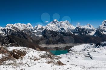 Famous peaks view from Renjo Pass: Everest, Makalu, Lhotse, Nuptse, Pumori in Himalayas