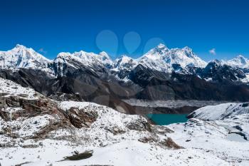 Famous peaks view from Renjo Pass: Everest, Pumori, Makalu, Changtse, Nirekha in Himalayas