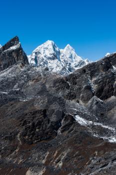 Mountain range scene viewed from Renjo pass in Himalayas. Trekking in Nepal