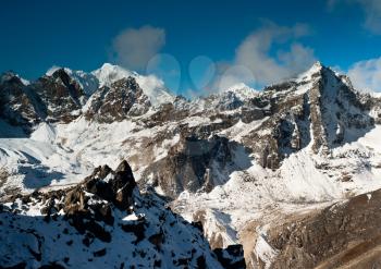 Mountains viewed from Renjo pass in Himalayas. Nepal. At height 5300m