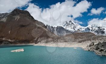 Sacred Lake and mountain peaks not far from Gokyo in Himalayas. Altitude 4800 m