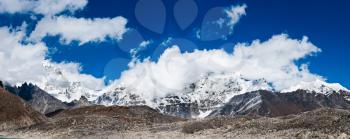 Himalaya: landscape panorama of Mountain peaks. Trekking  in Nepal