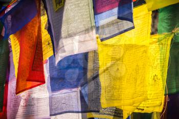 Colorful Prayer flags as symbol of buddhism. religion in Asia