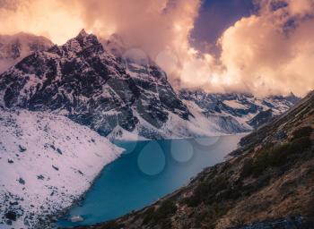 Panoramic view of sunset and lake in the Himalayas. Travel to Nepal