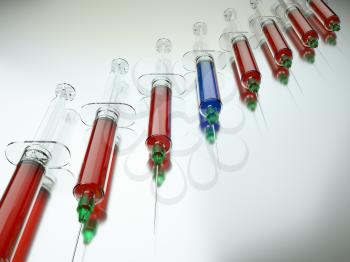 Red syringe among blue ones as right medical choice. Large resolution