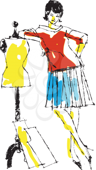 Royalty Free Clipart Image of a Woman Leaning Against a Mannequin