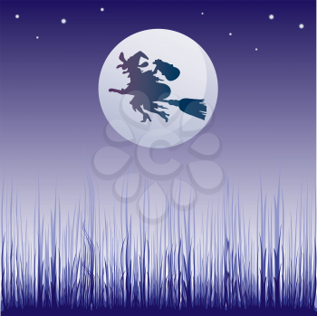 Royalty Free Clipart Image of a Witch on a Broom in Front of the Moon