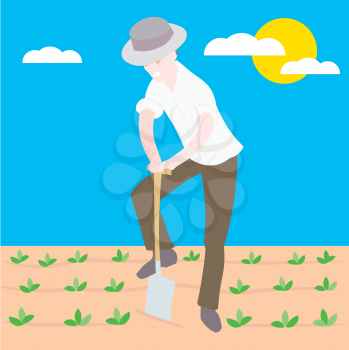 Royalty Free Clipart Image of a Man Digging in a Garden