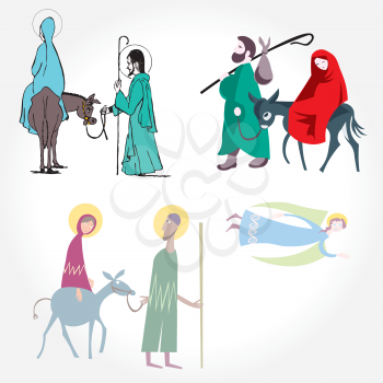 Royalty Free Clipart Image of a Mary, Joseph and the Donkey
