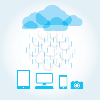 Royalty Free Clipart Image of a Raining Cloud With Computers and a Camera