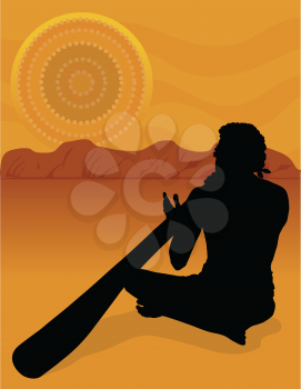 Royalty Free Clipart Image of a Silhouette of an Aboriginal With a Didgeridoo