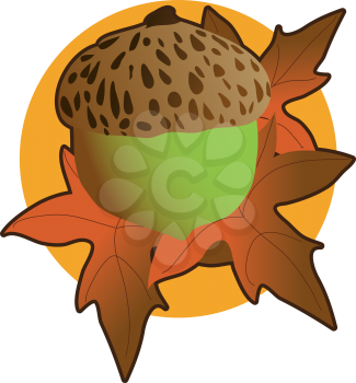 Royalty Free Clipart Image of an Acorn and Autumn Leaves