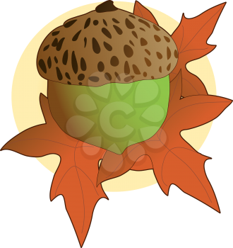 Royalty Free Clipart Image of an Acorn on a Leaf