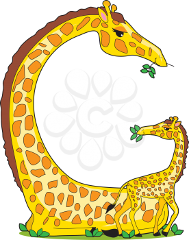 Royalty Free Clipart Image of a Giraffe and Baby in the Shape of a G