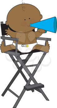 Royalty Free Clipart Image of a Baby With a Megaphone in a Director's Chair