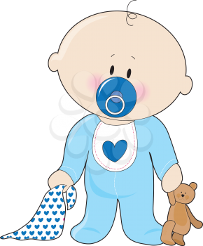 Royalty Free Clipart Image of a Baby Boy With a Soother, Teddy Bear and Blanket