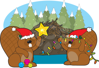 Royalty Free Clipart Image of Two Beavers Decorating Their Home for Christmas
