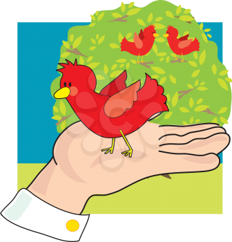 Royalty Free Clipart Image of a Bird in the Hand and Two in the Bush