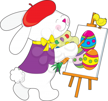 Royalty Free Clipart Image of an Artist Bunny Painting Easter Eggs