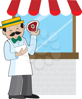 Royalty Free Clipart Image of a Butcher in Front of a Shop Window
