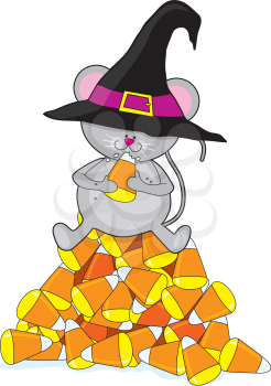 Royalty Free Clipart Image of a Mouse in a Witch's Hat on Candy Corn