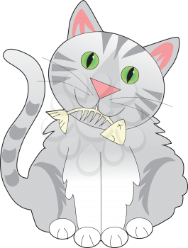 Royalty Free Clipart Image of a Grey Cat With a Fish Bone