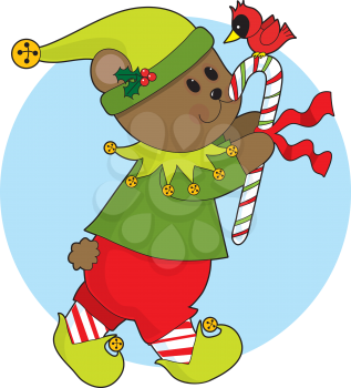Royalty Free Clipart Image of a Christmas Bear With a Candy Cane