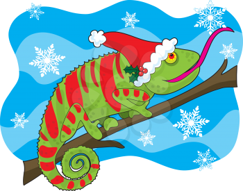 Royalty Free Clipart Image of a Chameleon in a Santa Hat On a Snowflake Background