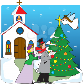 Royalty Free Clipart Image of Carollers Singing in Front of a Church