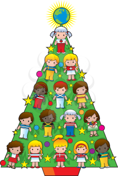 Royalty Free Clipart Image of a Christmas Tree With Children From Different Countries