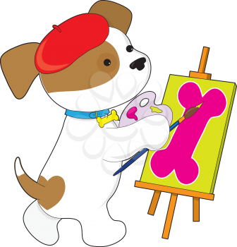 Royalty Free Clipart Image of a Puppy Painting a Picture of a Dog Bone