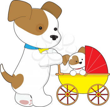 Royalty Free Clipart Image of a Mother Dog Pushing Her Pup in a Carriage