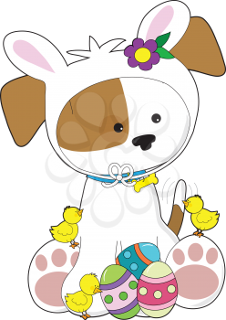 Royalty Free Clipart Image of a Puppy Dressed Like the Easter Bunny