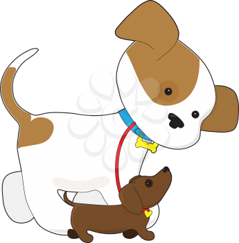 Royalty Free Clipart Image of a Dog Taking a Dachshund for a Walk