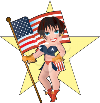 Royalty Free Clipart Image of a Girl in a Skimpy Stars and Stripes Costume With an American Flag