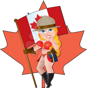 Royalty Free Clipart Image of a Pinup Mountie Girl With a Canadian Flag