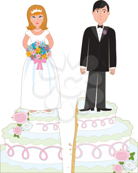Royalty Free Clipart Image of a Bride and Groom Splitting the Cake