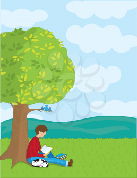 Royalty Free Clipart Image of a Boy Reading a Book Under a Tree
