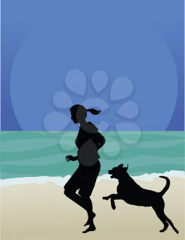 Royalty Free Clipart Image of a Woman and Her Dog Running on the Beach