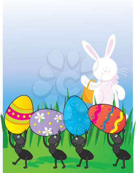 Royalty Free Clipart Image of Ants Carrying Easter Eggs With the Bunny Waving in the Background