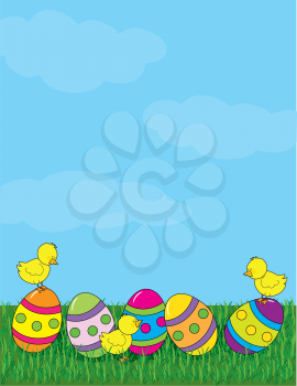 Royalty Free Clipart Image of Chicks With Easter Eggs