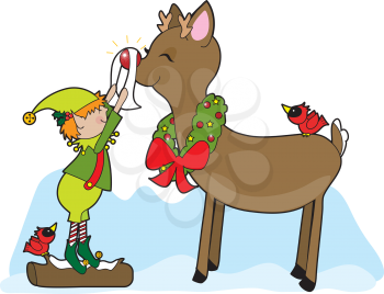 Royalty Free Clipart Image of an Elf Polishing a Reindeer's Nose