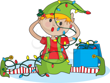 Royalty Free Clipart Image of an Elf Tangled in Christmas Lights