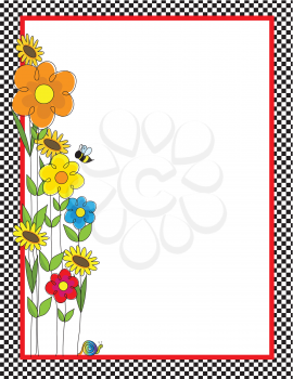 Royalty Free Clipart Image of a Checkerboard Frame and Flowers on the Side
