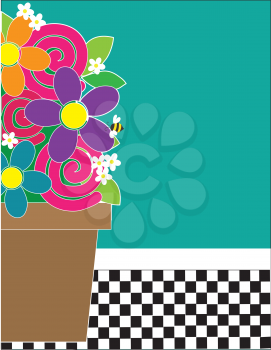 Royalty Free Clipart Image of a Pot to the Right Side of a Background With a Checkerboard Bottom
